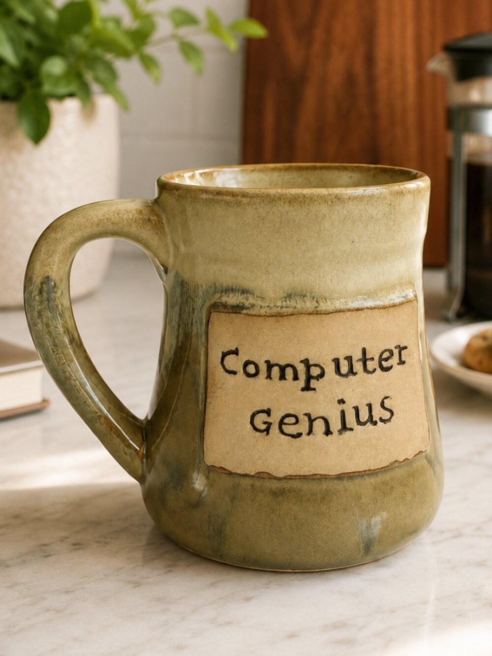 Stoneware Computer Genius Mug Green Cream Ombré Drip Glaze Coffee Cup
